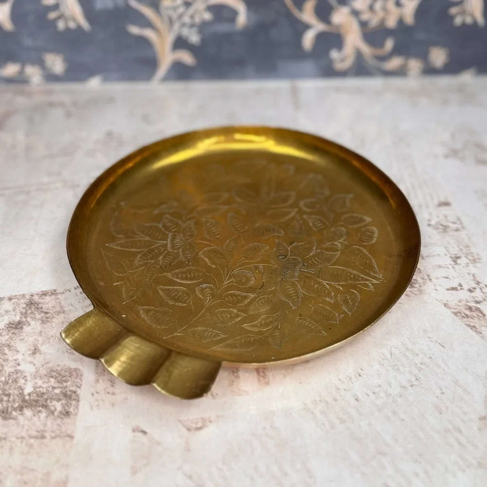 Vintage Brass Etched Floral Tray Small Catchall Dish Estate Find